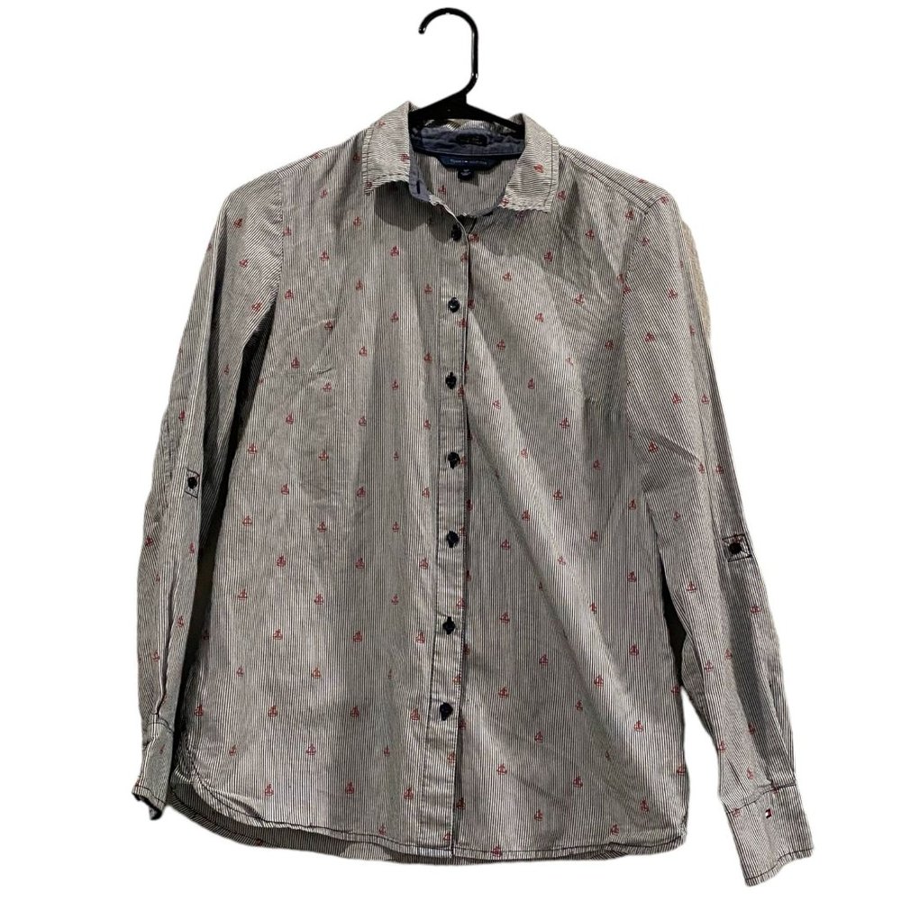 Tommy Hilfiger Classic Fit Blue Pinstriped LS Button Shirt with Red Sailboats S